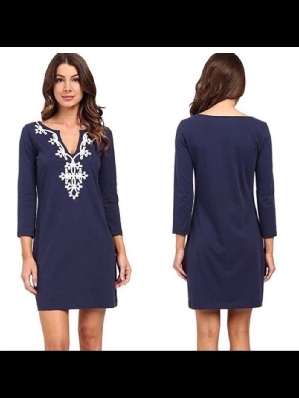 Lilly Pulitzer Marina Dress Women’s Small Embroidered Navy Blue 3/4 Sleeve DD